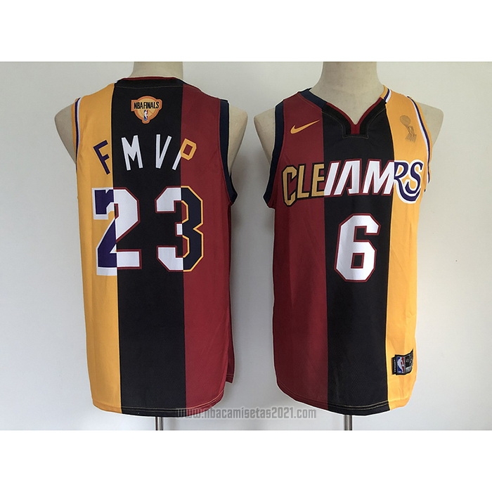 Camiseta Los Angeles Lakers Lebron James #6 23 2020 FMVP Heat Cavaliers Split Dual Number Rojo Oro